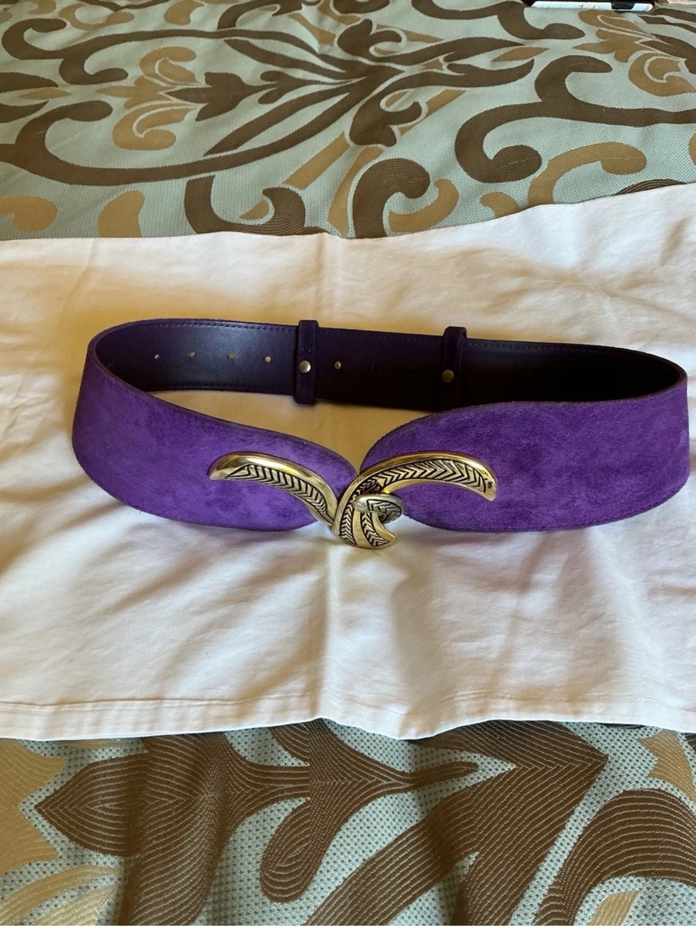 Purple Suede Vintage Women's Wide Belt with Decorative Gold Buckle